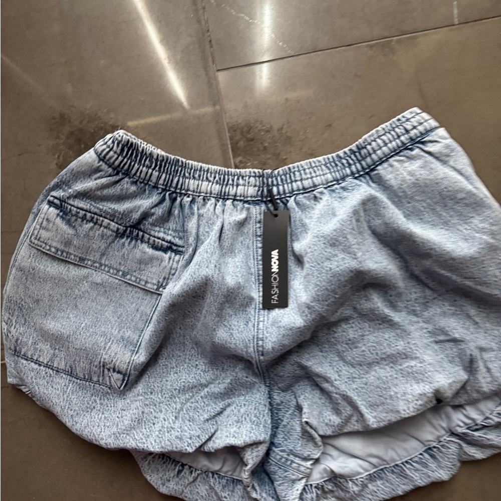 Light Blue Terry Cloth Elastic-Waist Women's Shorts - Picture 5 of 6